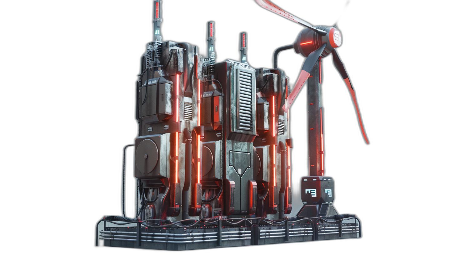 A wind turbine with three propellers, with the left and right ones facing to either sides of it, is mounted on top of an industrial machine that has multiple rectangular buildings connected together by metal frames, and several red lights at its base, all isolated against a black background, in the style of game art, concept design, cyberpunk, 3D rendering in the style of blender, 2d cartoon in the low poly style.