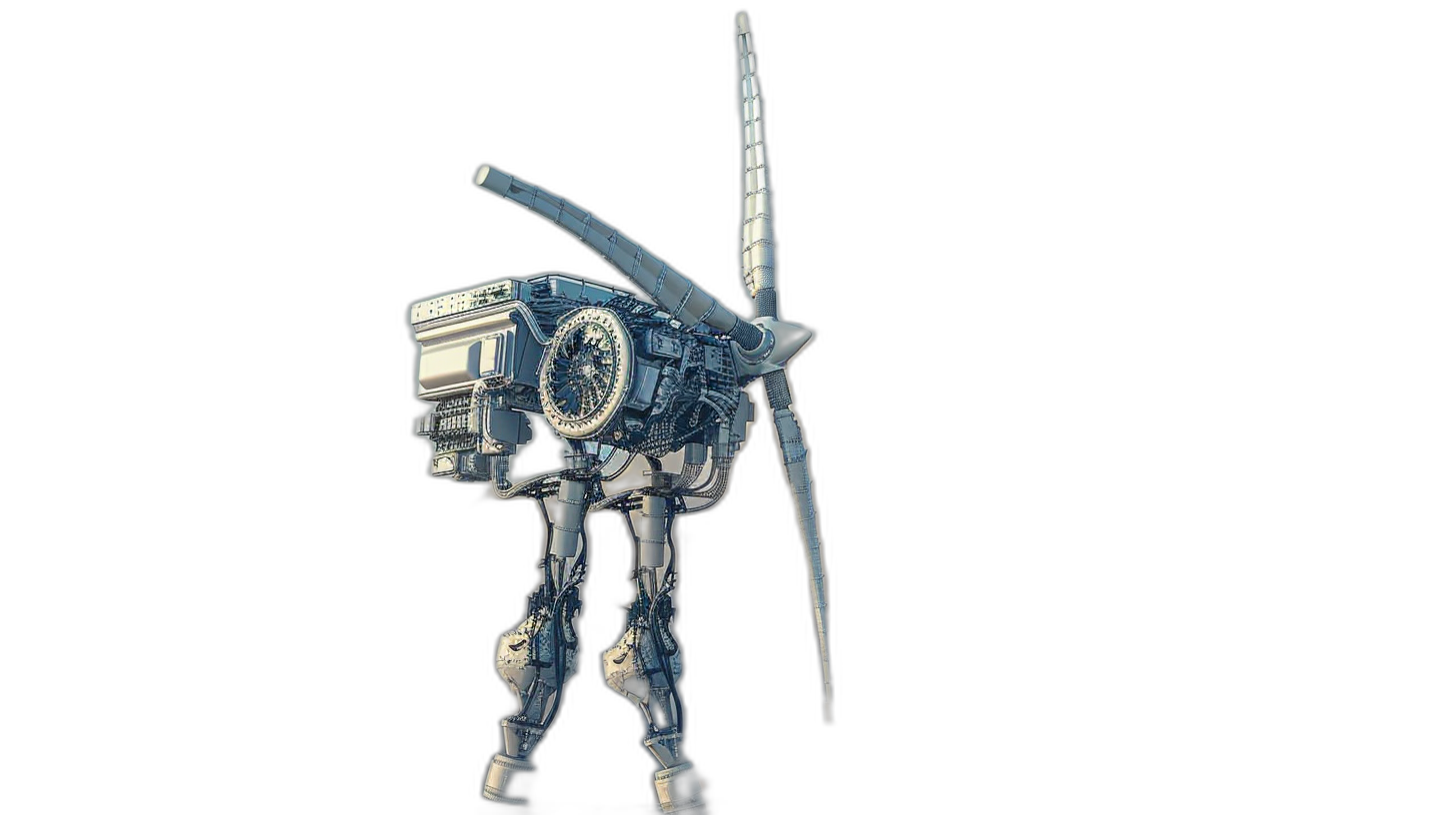 3D rendering of a wind turbine in the style of a K Blackjack mecha robot, on a black background, side view, rendered in Blender, with a 50mm lens.