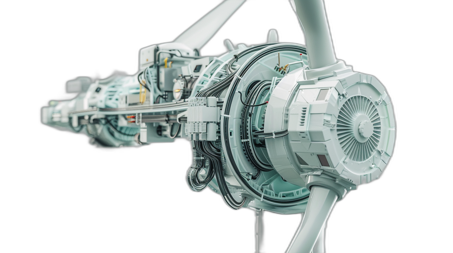 3d rendering of an engine with three propeller blades, white metal and glass, on black background, closeup, scifi style, futuristic design concept, industrial machinery aesthetics, c4d renderings, highly detailed details, cinematic lighting, ultra high definition, high resolution