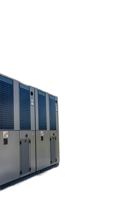 A row of air conditioner and heat pump on black background, with solar panels attached to the top left corner of each unit. The contrast between dark skyblue metal surface and bright white panel creates an eyecatching visual effect. High resolution photography. Photo realistic. Shot using Canon EOS R8 camera with RF60mm F2 lens for sharp details