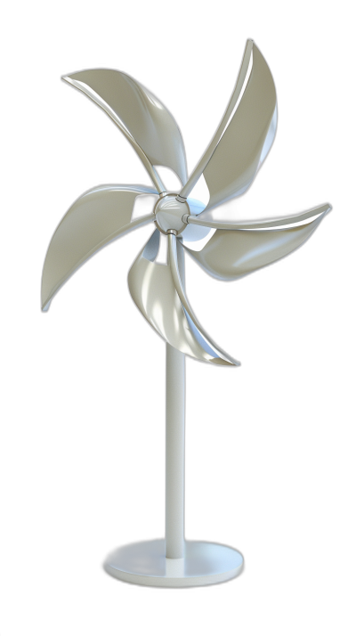 3D render of an elegant pinwheel fan, made from shiny white metal with five sharp blades on the bottom and one central blade at top, standing upright against a black background. The design is sleek and modern, capturing the essence of clean air flow without any blades in motion. This representation symbolizes ecofriendly technology for home or office use in the style of clean design.