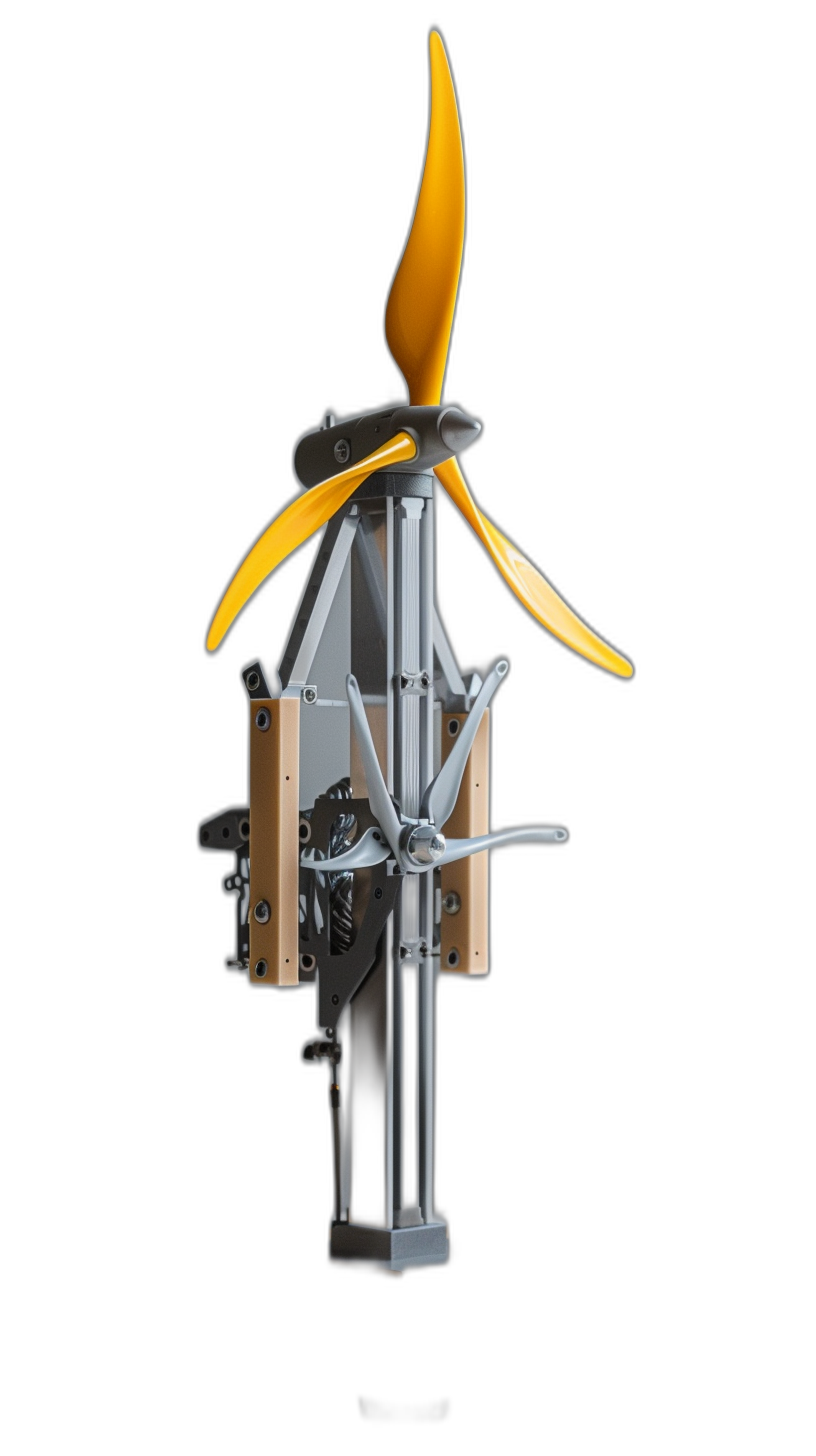 A simple and cute wind turbine toy with yellow blades, made of metal materials such as gray iron and wood. The object is placed on the right side in the front view against a black background. Product photography.