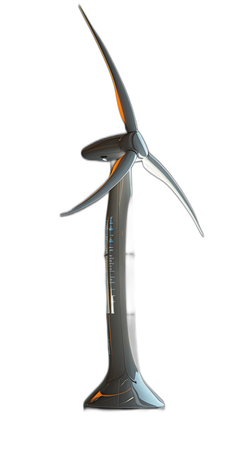 3D rendering of a wind turbine in the style of industrial design with light grey and orange colors on a black background, studio lighting, high resolution photography, insanely detailed with fine details, isolated plain stock photo