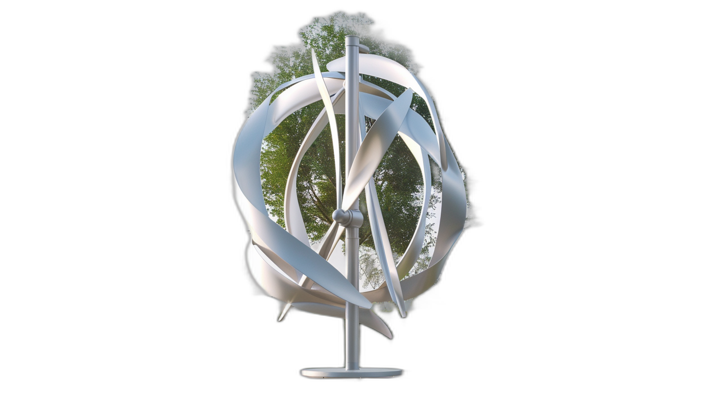 A white wind turbine with blades shaped like an O stands atop a large ball that looks like two intertwined rings of different sizes, behind which there should be trees and grass all against a black background in a 3D rendering.