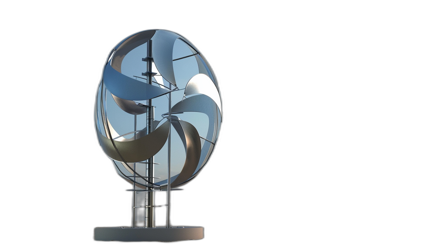 3D rendering, minimalist windmill art installation on the front of an egg-shaped white metal base with three blades in different directions, dark background, pure black space around it, hyperrealistic details, low angle shot, no light reflection, in the style of different artists.
