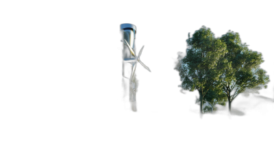 A wind turbine is shown on the left side of an isolated black background, and to its right there is a green tree with branches that appear as if they could be growing out from behind it. The scene appears to capture a moment in time where these two objects seem connected or integrated in the style of their presence. There seems to be some motion or movement associated with them. It creates a sense of connection between nature and technology.