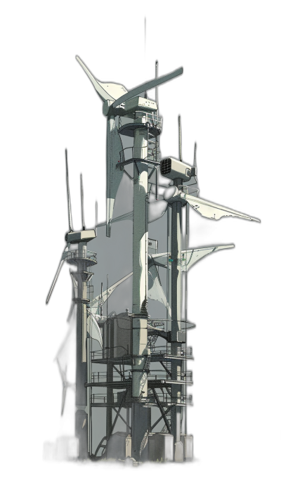 3D model of a tower with wind turbines on a black background in the style of white and grey colors in an isometric view at high resolution