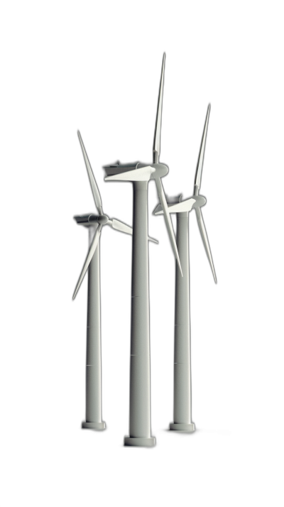 Three white wind turbines, 3D rendering of three simple and minimalist models of large isolated wind towers on black background, simple design, simple shape, simple lines, low details, no shadows below the model, with no shadows in between. The composition is symmetrical, with three tall columns standing next to each other, each having two blades at different heights. Each blade has five slits for blowing air, creating an effect similar to that seen when there's strong gusts from them.