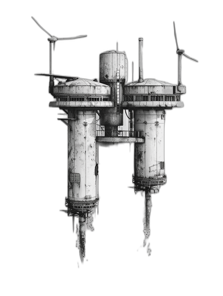 tall floating industrial station with wind turbines and solar panels, pencil drawing on a black background with simple details and a minimalistic design in the style of Giger, pencil illustration with a dark aesthetic, concept art suitable for ArtStation in HD quality