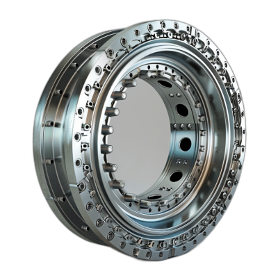 alquexdbARRiffe horizontally extruded wheel rim with many holes, all in chrome, hyper realistic, isolated on black background, perspective, photorealistic, product photography, in the style of photorealistic.