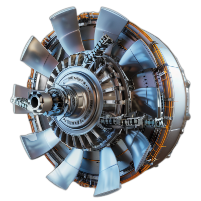 A realistic photo of an aircraft engine with its fans andoid style, on black background, isometric view, 3d render, hyper detailed