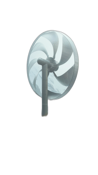 White hand held air fan, windmill style, plastic material, spiral blades, black background, high resolution photography, top view, closeup shot, studio lighting, super details, 3D rendering, high definition