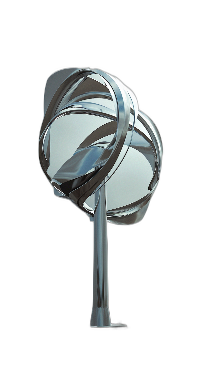 A chrome metal abstract modern art sculpture of two overlapping circles with the bottom one being much larger than the top, on a slender stem that resembles a light pole, isolated against a black background, perspective view, high resolution, super detailed in the style of a hyper realistic artist.