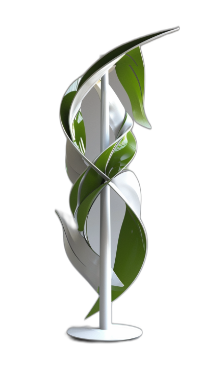 A vertical wind turbine with white and green leaves on it, in the style of [Zaha Hadid](https://goo.gl/search?artist%20Zaha%20Hadid)'s conceptual design style, made of metal material, and displayed in the studio against a black background. The entire sculpture is designed to be simple yet elegant, showcasing the beauty of abstract art. It features an elongated shape that combines organic lines with futuristic elements, creating depth through its monochromatic color scheme. This artwork embodies modernity while being visually appealing.