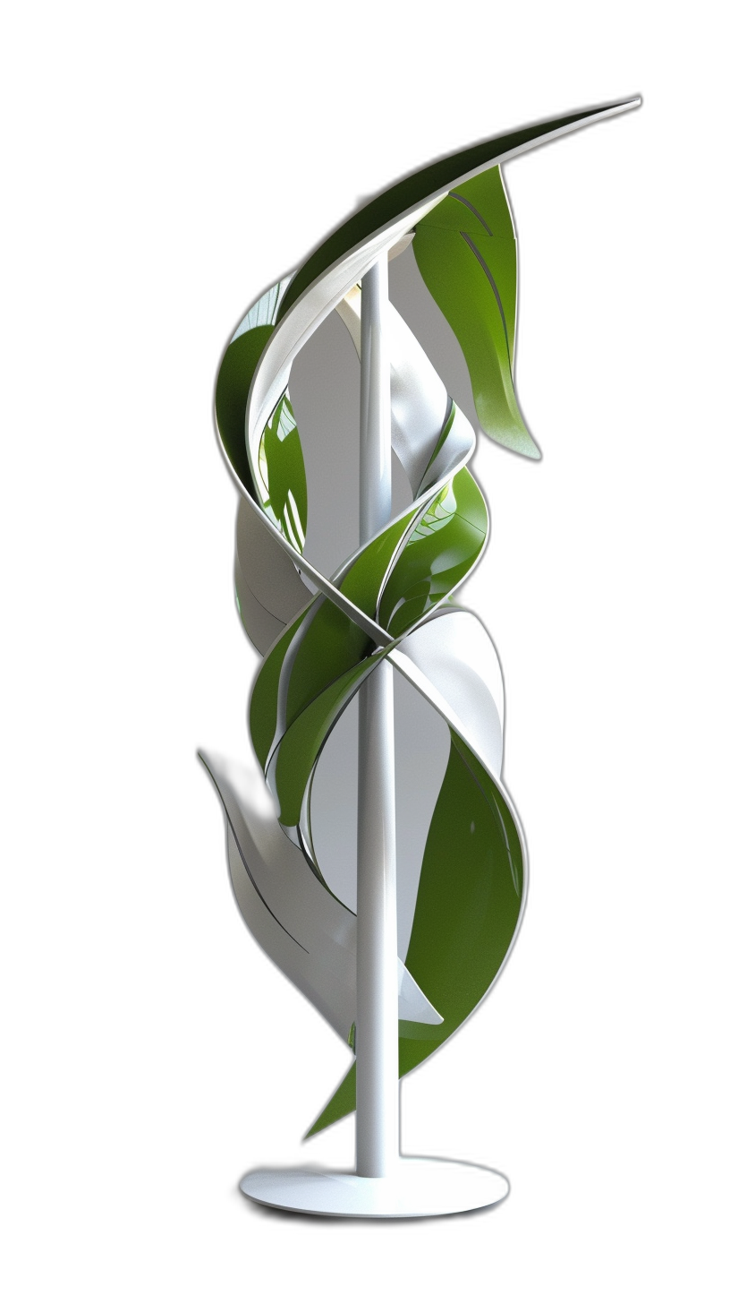 A vertical wind turbine with white and green leaves on it, in the style of [Zaha Hadid](https://goo.gl/search?artist%20Zaha%20Hadid)’s conceptual design style, made of metal material, and displayed in the studio against a black background. The entire sculpture is designed to be simple yet elegant, showcasing the beauty of abstract art. It features an elongated shape that combines organic lines with futuristic elements, creating depth through its monochromatic color scheme. This artwork embodies modernity while being visually appealing.