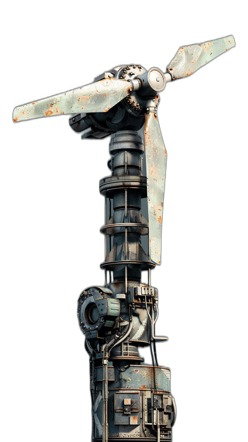 A tall metal pole with an air propeller at the top, on a black background, in the game art style, with science fiction and fantasy elements, in a postapocalyptic scifi style, with rough edges and details, rendered in 3D, in the hyperrealistic oil painting style, with a small amount of rust on it, and wires wrapped around its bottom.