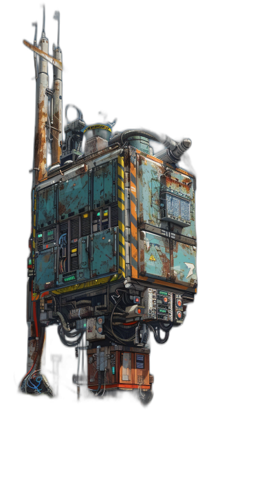 A floating boxy, rusty metal machine covered in graffiti and bright blue lights on a black background, in the style of the Borderlands video games, concept design sheet, dark fantasy, digital painting, with high detail and sharp focus in a full body shot.