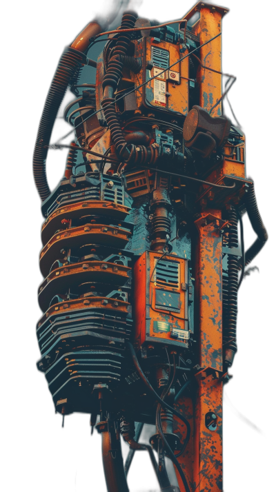 A vertical view of an engine with rusted and worn out parts, with wires hanging from it, set against a black background. The style is digital art, with vibrant orange and blue colors. It has a gritty texture that adds to the industrial feel. This design would be suitable for a poster or cover, showcasing detailed mechanical elements in a cyberpunk setting in the style of industrial digital art.