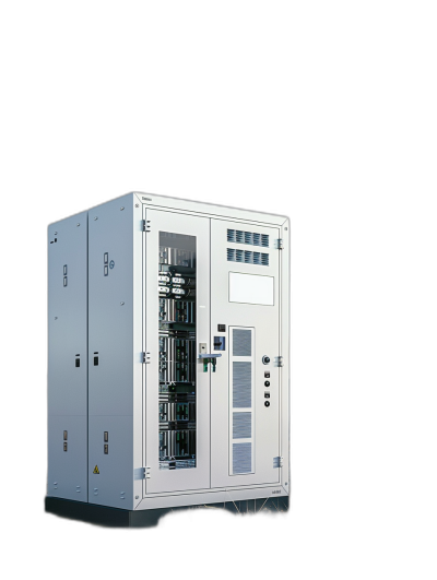 The highfusion power transcompiled in the control cabinet, black background, white cabinets with glass doors on both sides of it, side view, product photography, highdefinition details, hyperrealistic