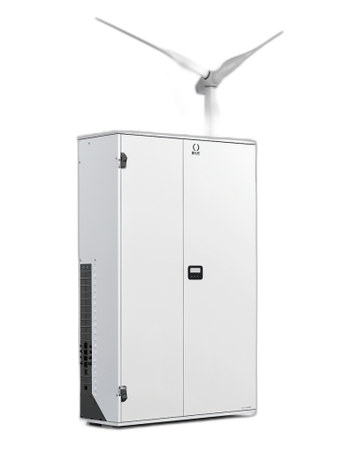 A photorealistic product shot of an air conditioner cabinet in white color with a black background, a wind turbine is flying above the unit from the side view at high resolution with high detail and studio lighting for a hyper realistic style.