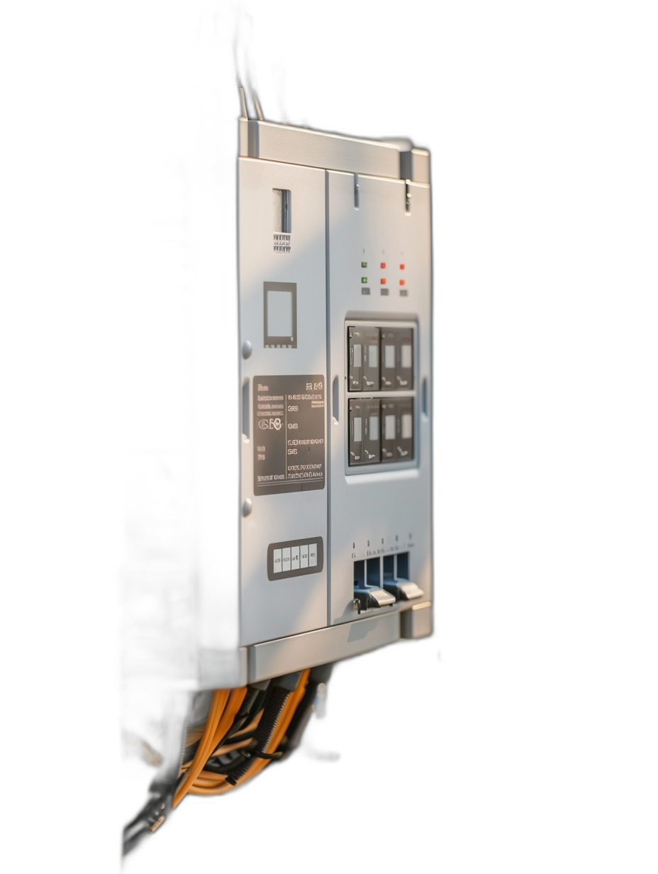 A photorealistic side view of an electrical panel with a black ceramic background, no shadows, studio lighting, product photography, front shot, shot from below, focus on the panel in the style of studio photography.