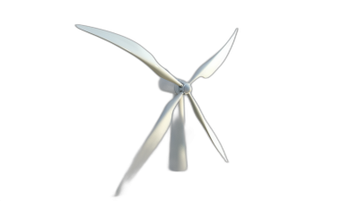 3D rendering of a wind turbine flying through the air against a black background in a white color isometric view, rendered in 4K quality in the style of Blender.