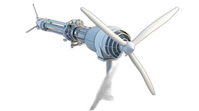 3D rendering of a wind turbine with blades and a motor on a black background. A working small low Gabon engine is mounted to one side, with two white propeller blades attached. The main body was made from gray metal, featuring air corners. A picture was taken using a Canon EOS R6 Mark II camera at mid range, showing the entire object with a perspective in line with eye level. Rendered in a hyper realistic style.