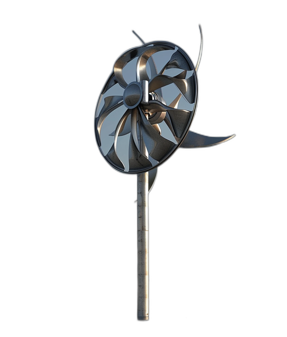 A wind turbine made of stainless steel with three blades on the top, against a black background, in the style of a product design rendered in C4D as a three-dimensional model product view.