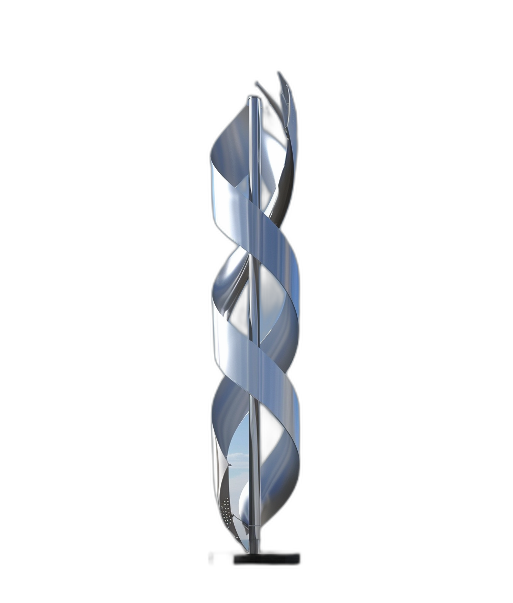 A vertical silver metallic sculpture with three intertwined spirals against a black background. The spiral design is sleek and modern, reminiscent of the DNA double helix structure. It stands tall on a solid base, creating a sense of motion or fluidity in its curves. This piece symbolizes growth, vitality, resilience, unity, strength, science and technology. Photorealistic 3D rendering, high resolution, in the style of modern sculpture.