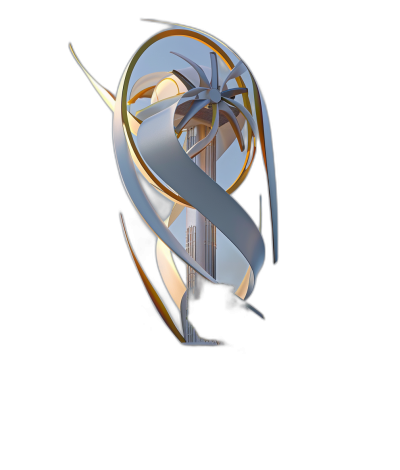 A futuristic abstract emblem for the tourist board in Dubai, with elements of modern architecture and an oasis on a black background. The design is made up of curved lines that form geometric shapes. It includes images such as palm trees, towers or skyscrapers. A bird silhouette flies around it. There is silver metal and gold color in the style of the sculpture.