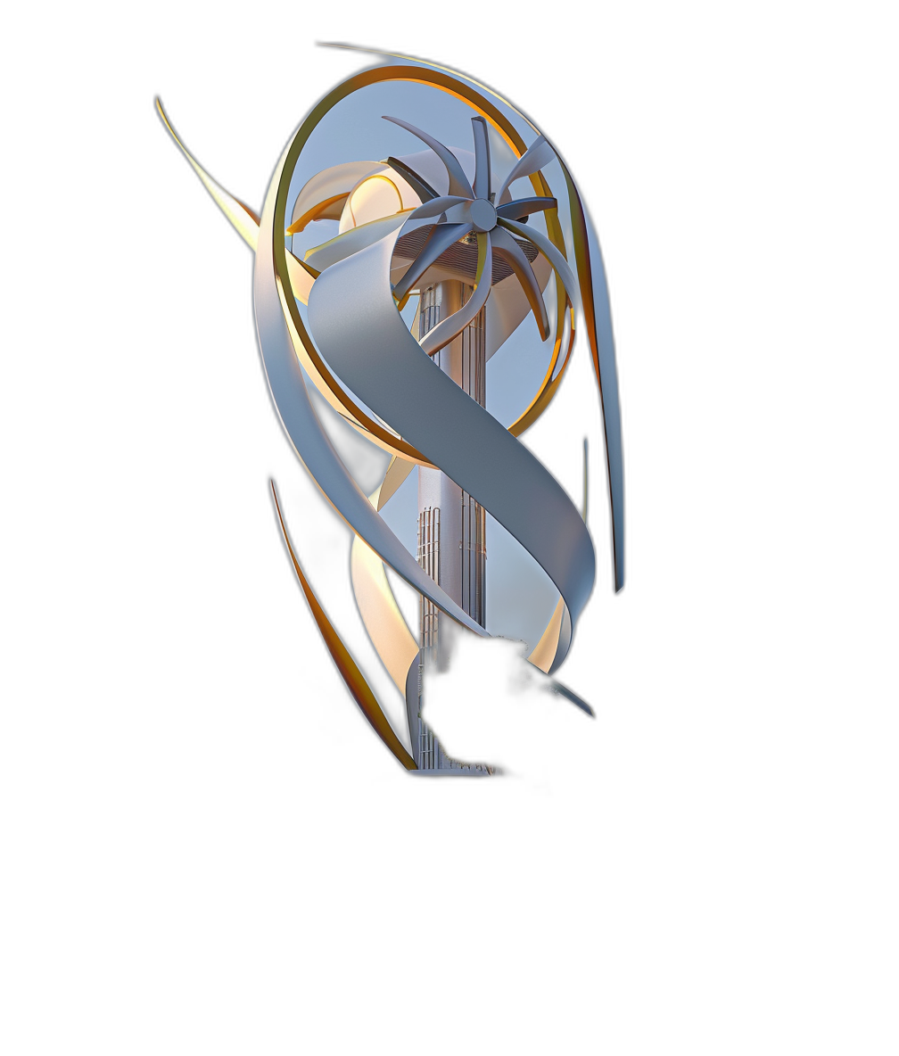 A futuristic abstract emblem for the tourist board in Dubai, with elements of modern architecture and an oasis on a black background. The design is made up of curved lines that form geometric shapes. It includes images such as palm trees, towers or skyscrapers. A bird silhouette flies around it. There is silver metal and gold color in the style of the sculpture.