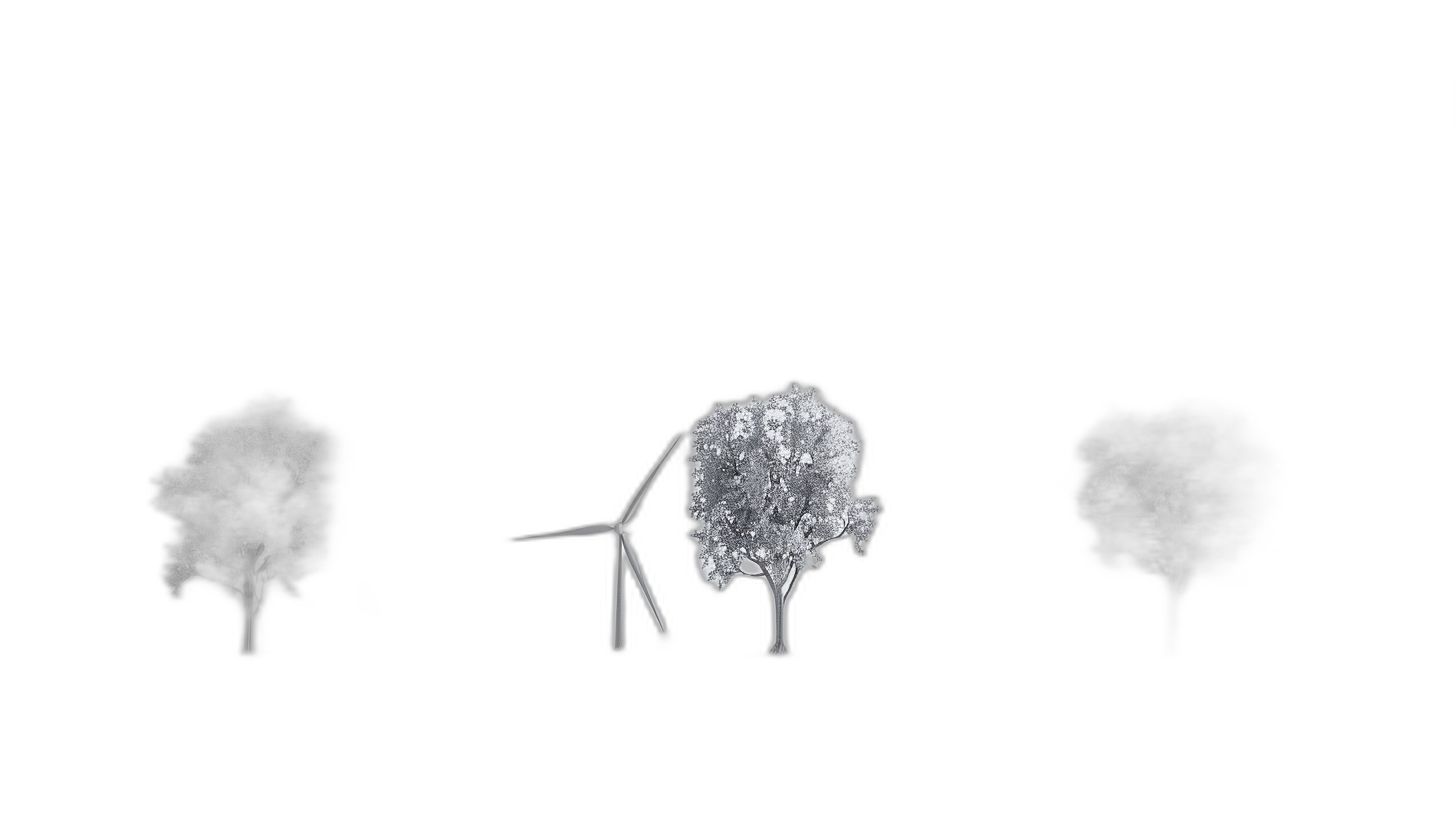 A wind turbine and three trees made of white crystals floating in the air on a black background, in the style of minimalism, in a digital art style.