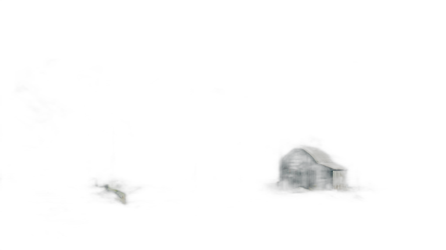 A small barn is visible in the darkness, illuminated by a faint light from an unknown source. The scene conveys mystery and intrigue, with no clear features or details of what lies beyond it. This concept could represent hidden secrets or scary things, making for an eerie yet intriguing visual.