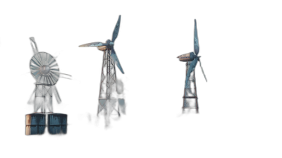 A series of windmills, with one windmill being a solid object and the other three being transparent, set against an all-black background. The wind towers have no shadows on their surfaces. They should be depicted in a 3D rendering style with a focus on realism. This scene is designed to showcase various angles and perspectives for visual appeal.