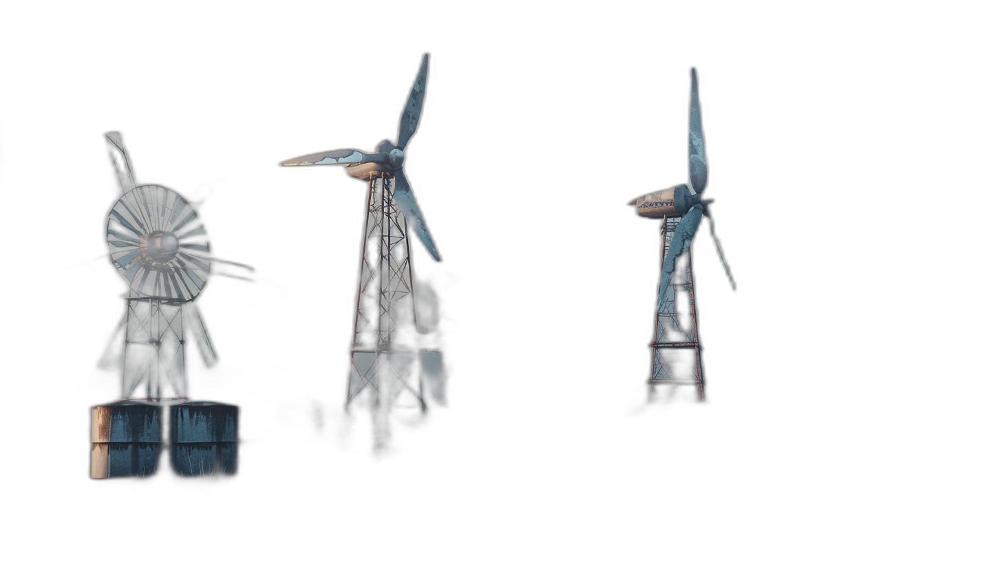 A series of windmills, with one windmill being a solid object and the other three being transparent, set against an all-black background. The wind towers have no shadows on their surfaces. They should be depicted in a 3D rendering style with a focus on realism. This scene is designed to showcase various angles and perspectives for visual appeal.