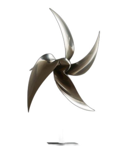 A stainless steel windmill, a solid piece of metal with five sharp blades in the shape of petals, slightly curved forward and raised at both ends to form two wings on each side. The overall appearance is simple yet elegant, resembling an abstract sculpture. It stands upright against a black background, creating a striking contrast that highlights its sleek design and delicate curves. This photo captures every detail of the wind turbine's silhouette in the style of a minimalist sculpture.