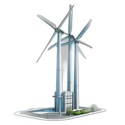 A modern wind turbine wind power plant with three blades and two floors on the top of it. In the style of paper model, isometric view, black background, white outline, no shadow.