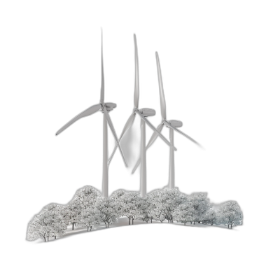 A white wind turbine forest on black background, made of metal with black and grey shading. The wind turbines have a simple shape, resembling the silhouette of trees. They form an organic pattern against the solid backdrop, creating depth in their appearance. This is a digital illustration in high resolution.