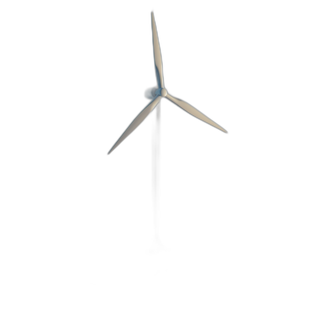 A wind turbine is spinning in the air, on a pure black background, in a minimalist style, with a C4D rendering, in a top view, with a front light source, showing clear details of the blade and blades against the dark background. The windmill’s blade shines white against the darkness, creating sharp contrast between them and their surroundings. A sense of energy is captured in this scene.