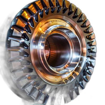 Closeup of the turbine in an aircraft engine, illuminated in the style of studio lighting against a black background. The internal structure and gears inside can be seen clearly. High resolution photography.