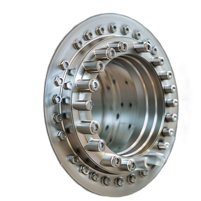 A silver circular device with many nuts and bolts on the outside, placed against a black background, shown in an isometric view with studio lighting and high resolution photography, with insanely detailed fine details in an isolated plain, photographed in a professional style with color grading, in the style of an award winning composition.