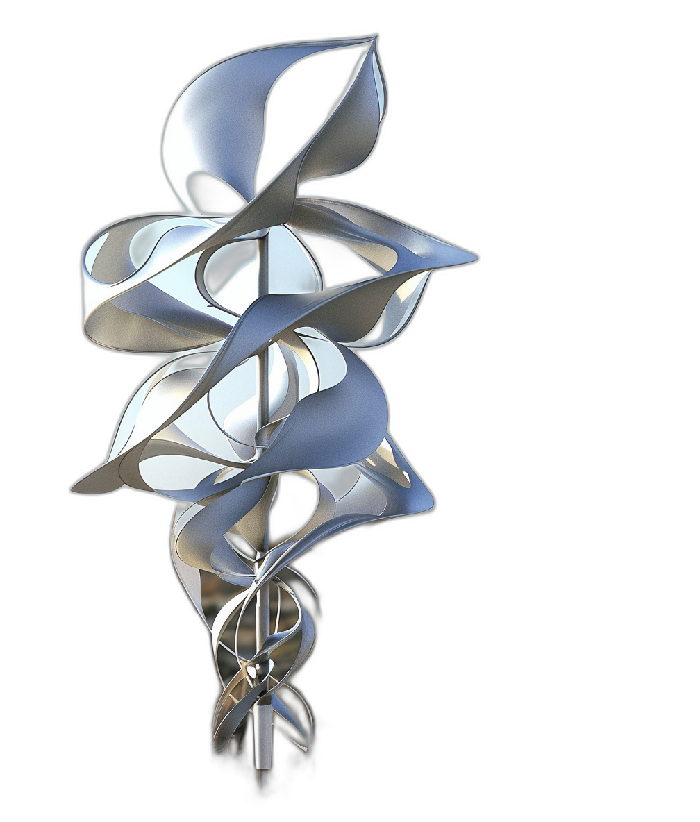 A vertical sculpture made of white metal, abstract shapes and lines that resemble musical notes or petals, isolated on black background, 3d rendering,