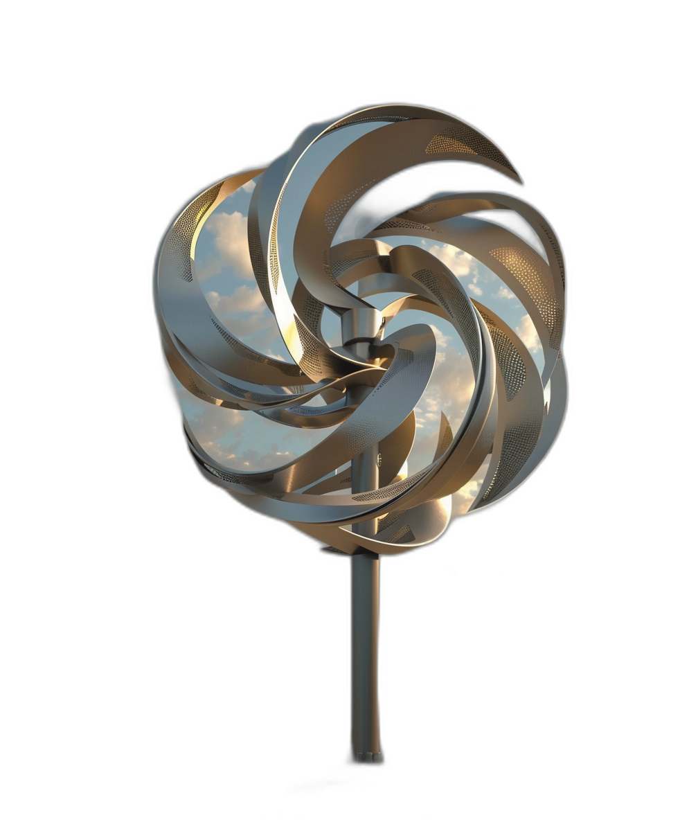 3d render of modern minimalistic abstract light sculpture made from metal, the shape is like big pinwheel with clouds inside, isolated on black background,