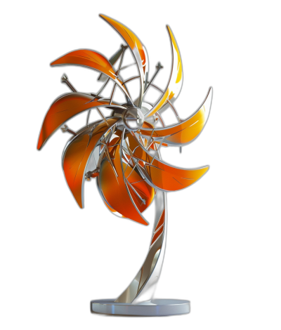 A windmill sculpture made of orange and silver metal, designed by [Jony Ive](https://goo.gl/search?artist%20Jony%20Ive) in the style of C岩cstdint, solid black background, high resolution, high detail, hyper realistic, hyper detailed rendering