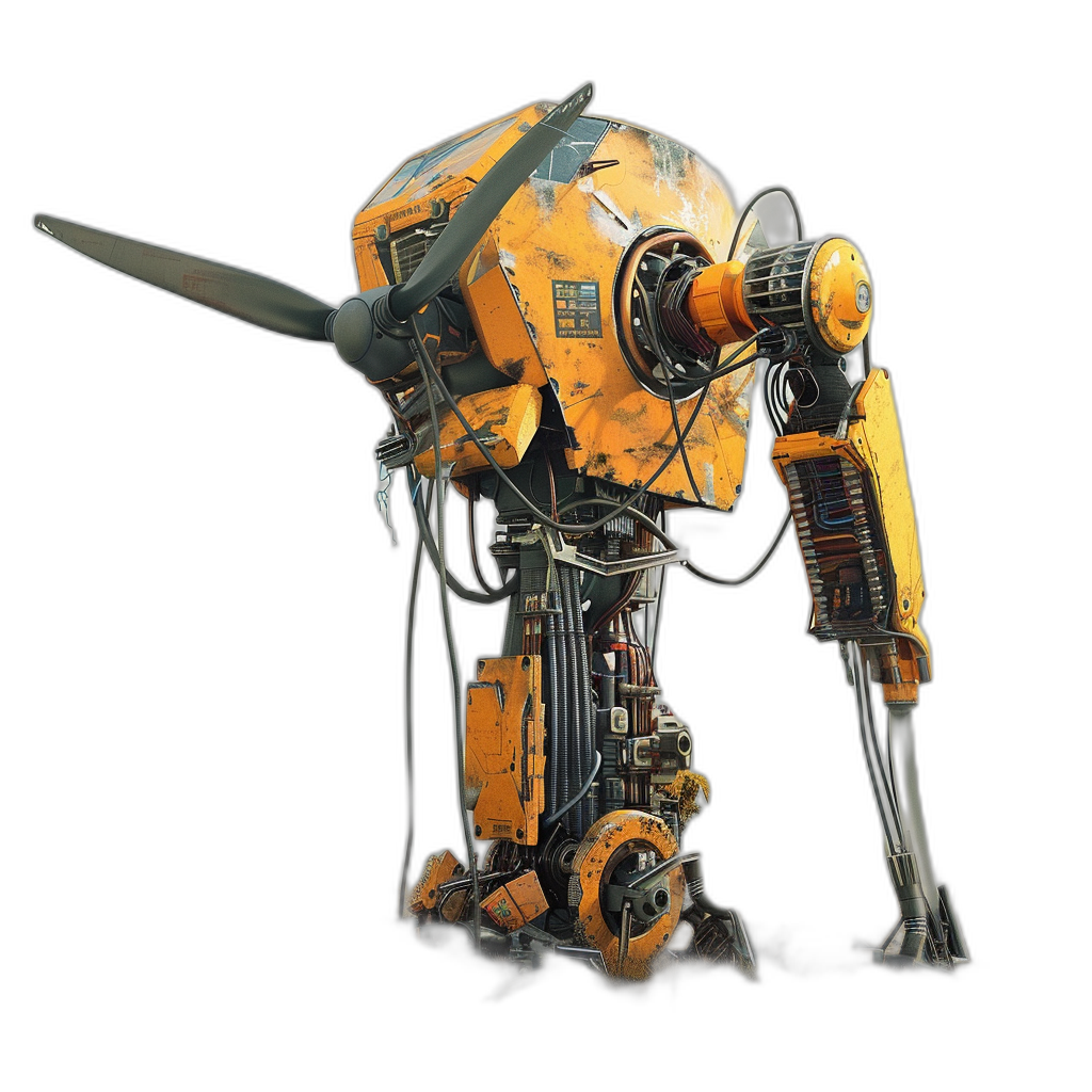 concept art of an old battle worn robot with propeller engine, black background, yellow and orange color theme