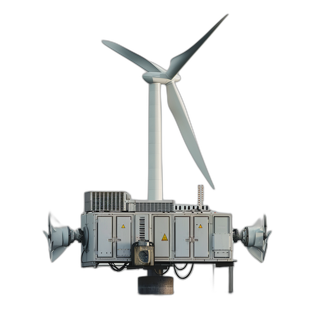 A photorealistic wind turbine with an electric generator on top, on an isolated black background, using a white color palette, in the style of an electric generator on top, on an isolated black background, using a white color palette.