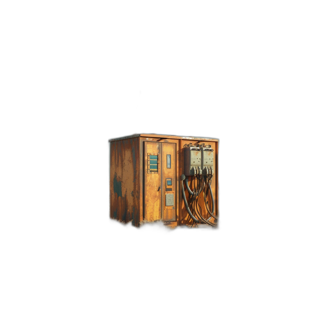 A small, rusty and old electricity box with wires sticking out of it, on a black background, in the style of a 3d render, like a game asset, with a low poly, game art style, and low detail, in a cartoonish manner.