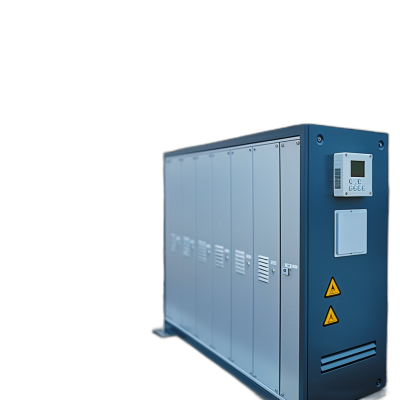 A photorealistic image of an electric heat pump, a large blue cabinet with multiple doors and control panels on the front, set against a black background. The contrast between dark shadows around it highlights its size and modern design. There is no visible text or symbols on any part of the equipment.