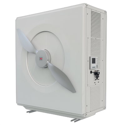 A white outdoor air conditioner with propeller blades on the side, product design in the style of 3D rendering, isolated on a black background.