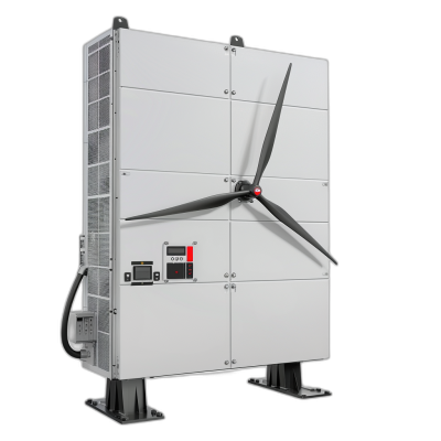 A photovoltaic battery cabinet with two large wind turbines on top, white color, black background, in the style of photorealistic product photography, high resolution